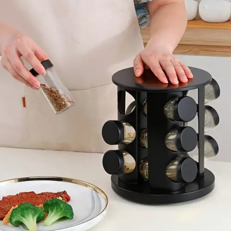 360° Rotating Spice Rack with Glass Jars | Modern Kitchen Spice Holder with Glass Jars